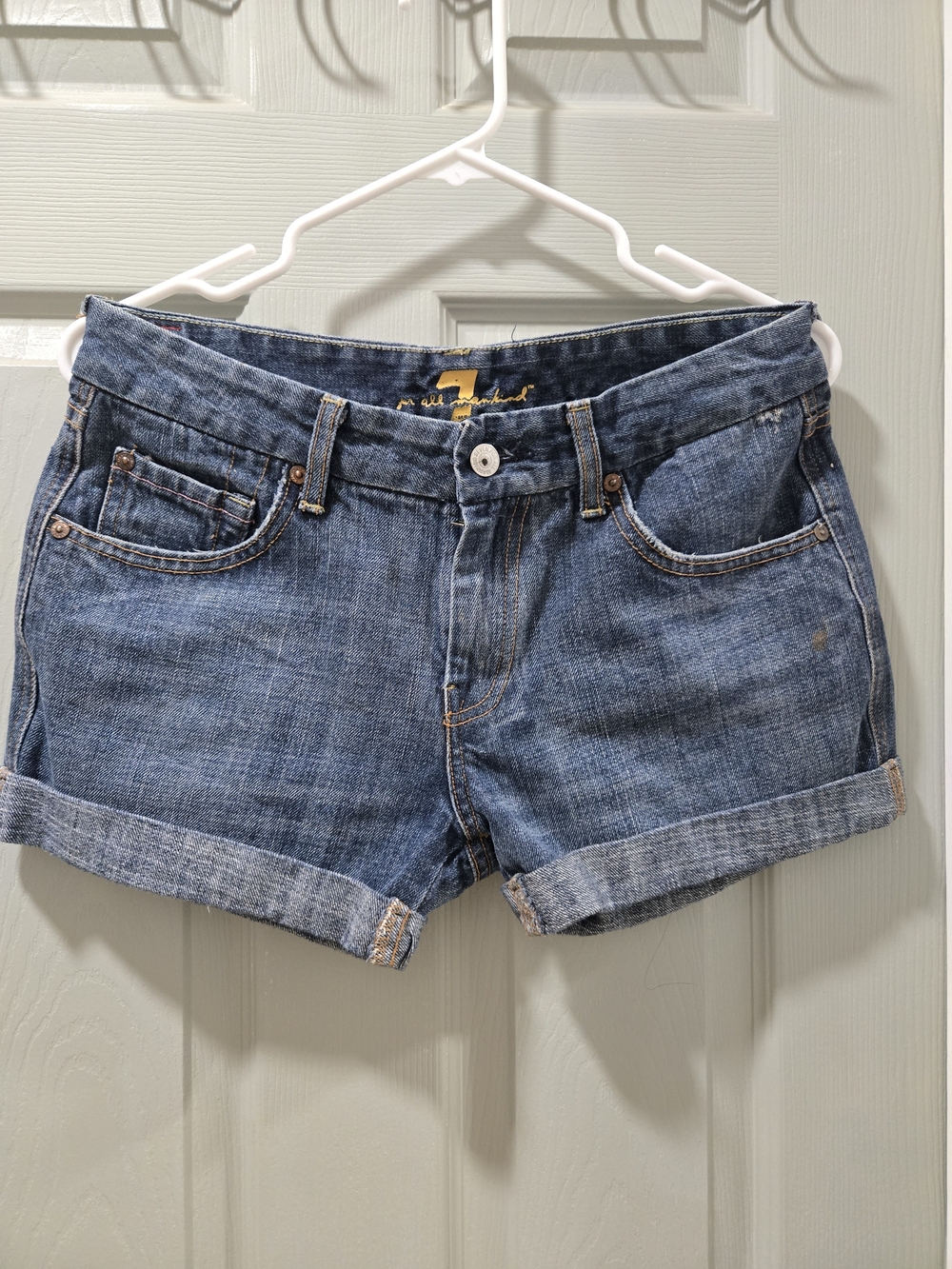 7 For All Mankind Medium Blue Rolled Cuff Jr. Denim Shorts SZ 30